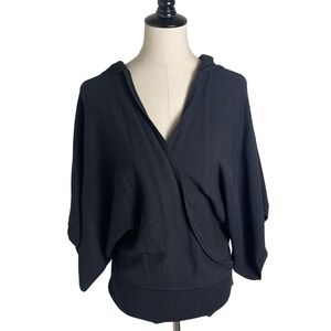 Daisy Fuentes Moda Black Hooded Wrap Sweater Dolman Sleeve Ribbed Hem M